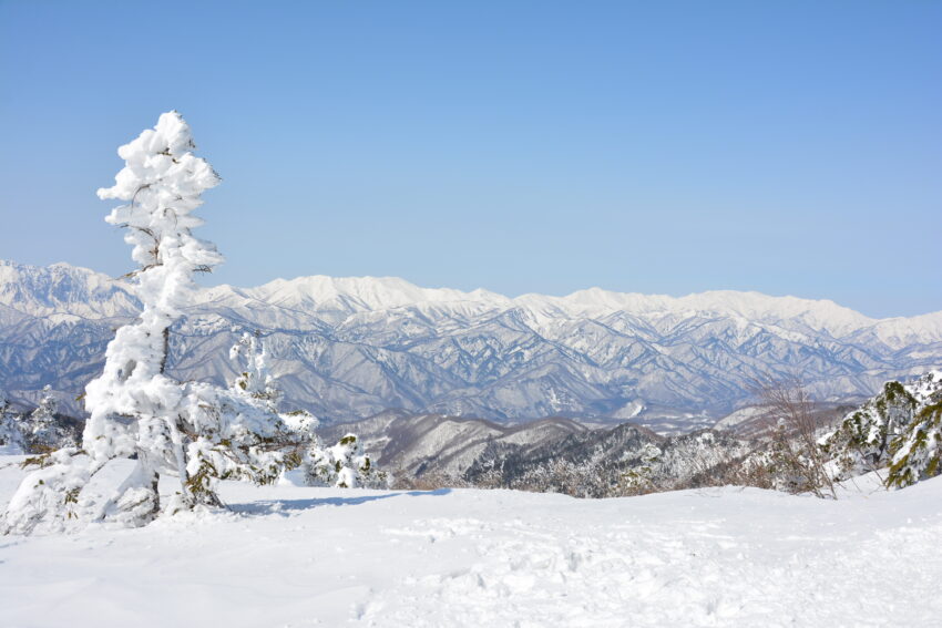 冬の武尊山から眺める越後の山々
