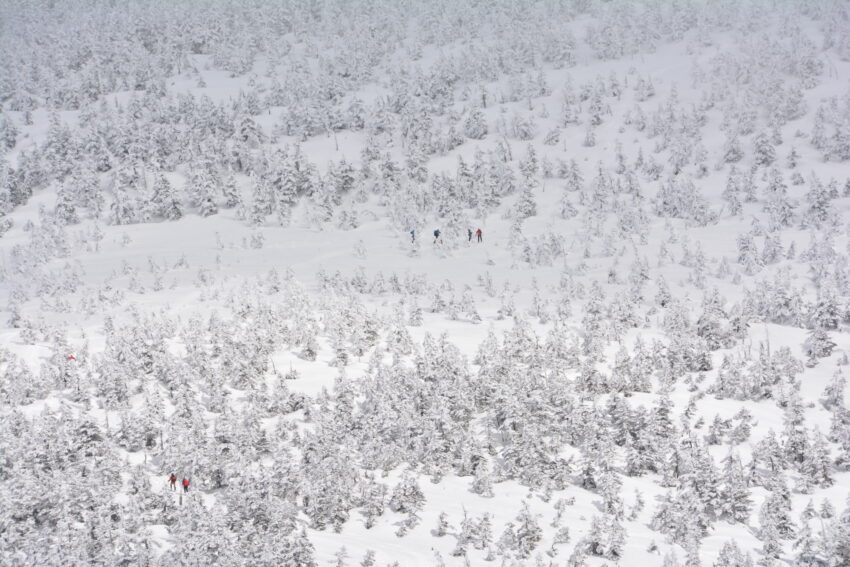 冬の西吾妻山の登山道を歩く登山者