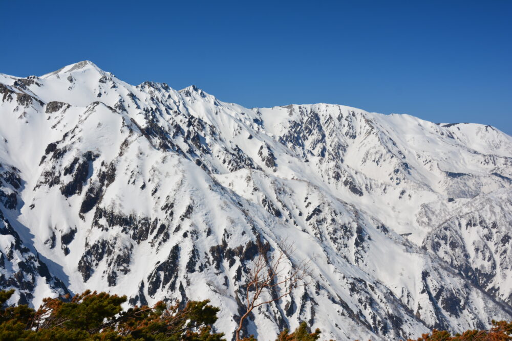 残雪期の唐松岳登山道から眺める白馬三山