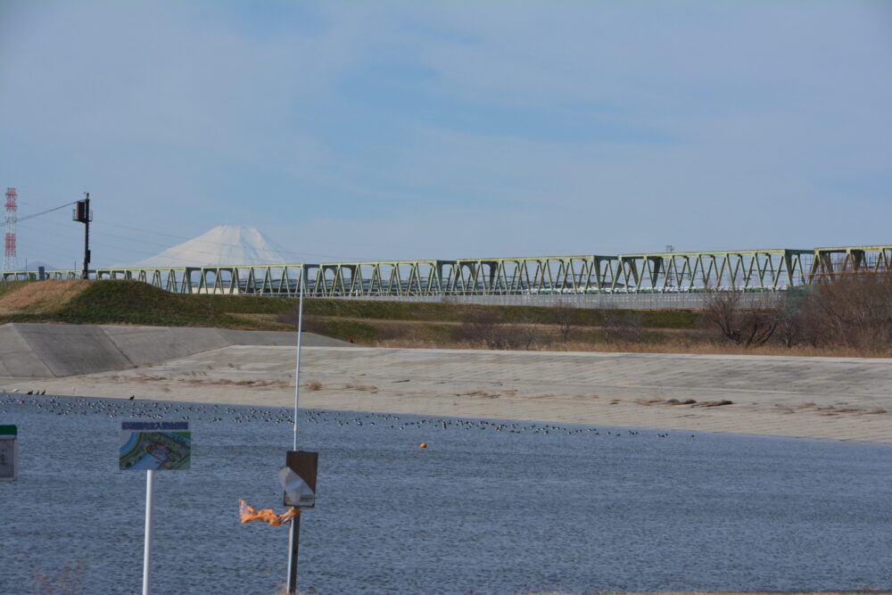 荒川彩湖公園から見える富士山と線路