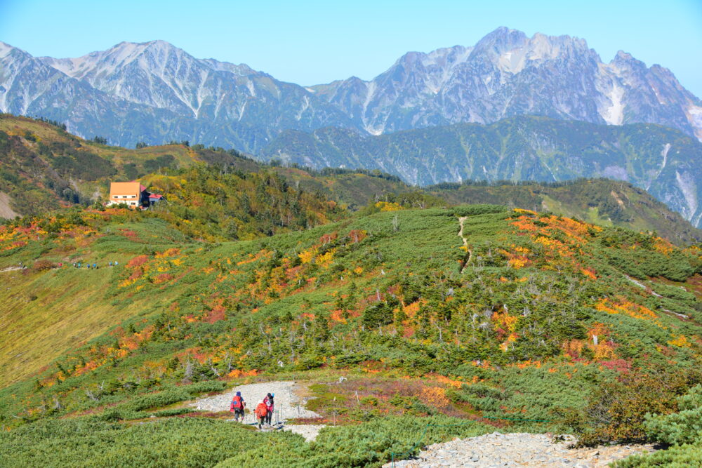 爺ヶ岳から見る紅葉の種池山荘と立山連峰