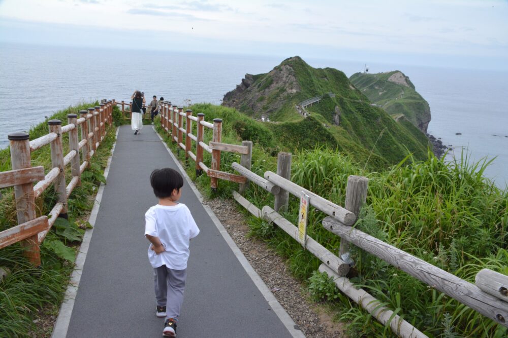 神威岬への道を歩く男の子