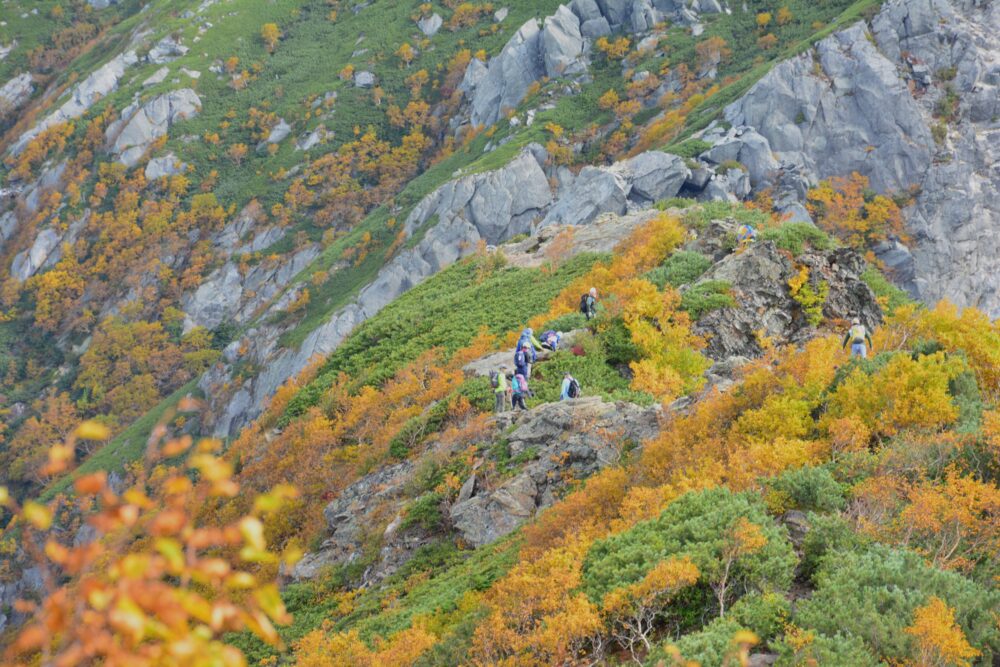 紅葉の甲斐駒ヶ岳を歩く登山者