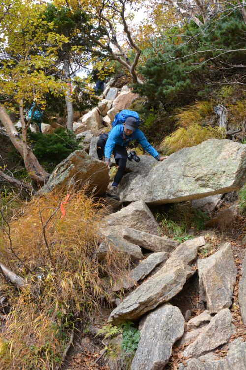 甲斐駒ヶ岳の登山道を歩く登山者