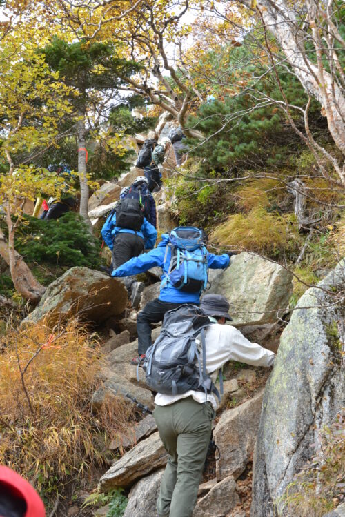 甲斐駒ヶ岳の登山道を歩く登山者たち