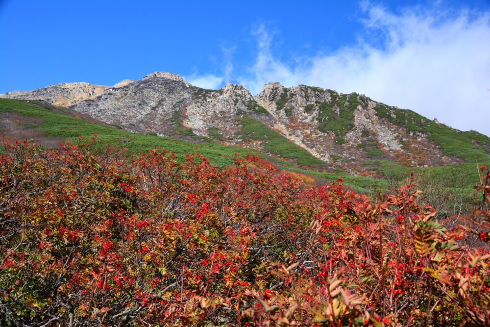 御嶽山の女人堂から見た紅葉と山頂