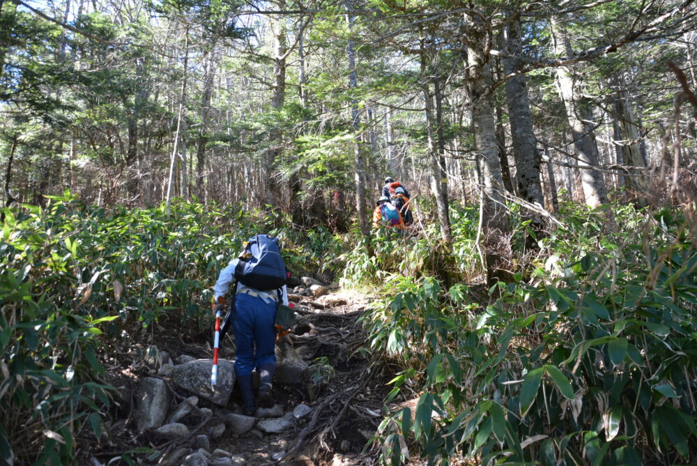 恵那山の登山道を歩く登山者