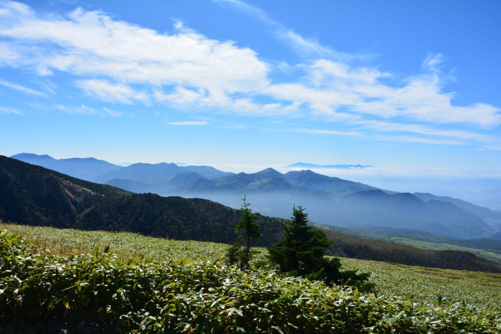 根子岳山頂から眺める山々と青空