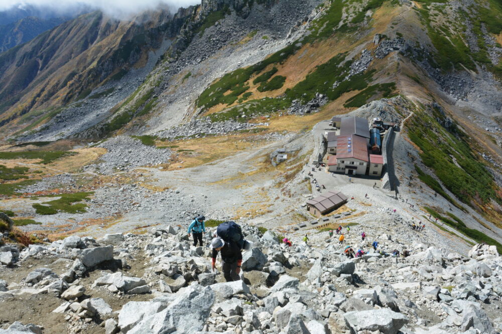 立山の登山道から一ノ越を見下ろす