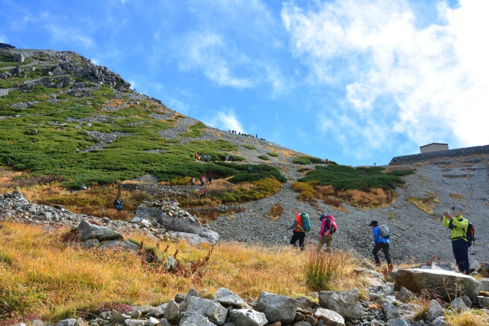 立山の登山道を歩く登山者たち