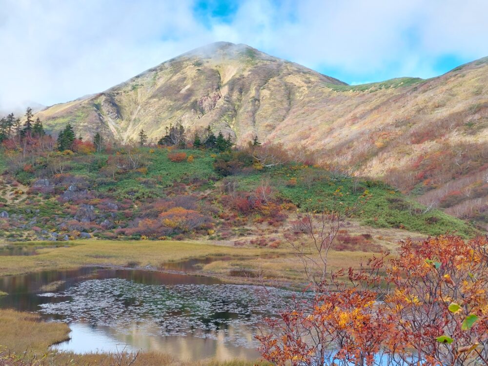 火打山の天狗の庭から見た火打山山頂と紅葉