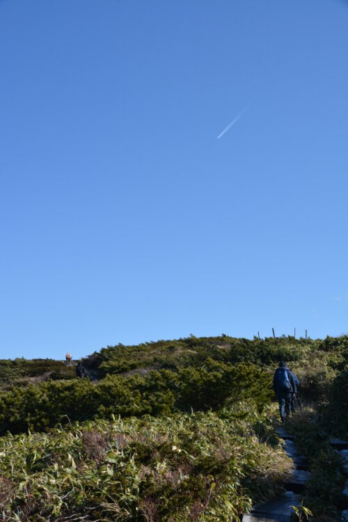 快晴の空と蔵王山の登山道