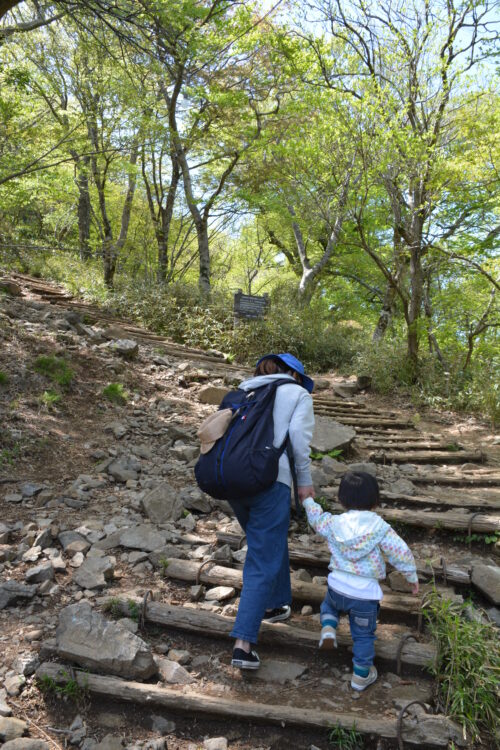 筑波山・男体山の登山道を登る親子