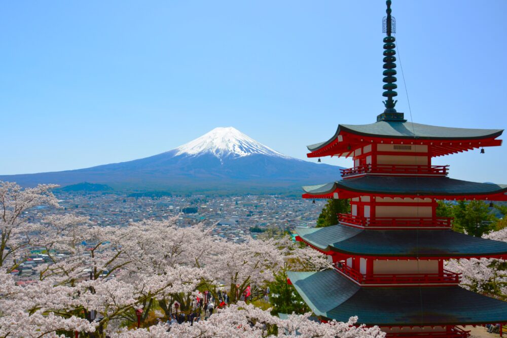 新倉山浅間公園から眺める富士山と五重塔と満開の桜