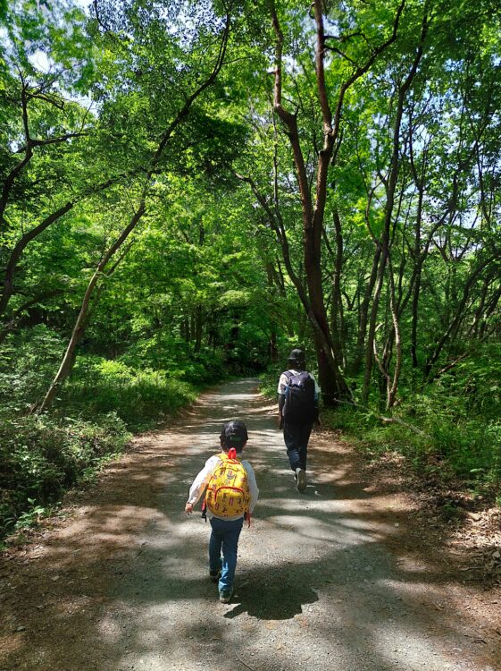 宝登山の登山道を歩く親子