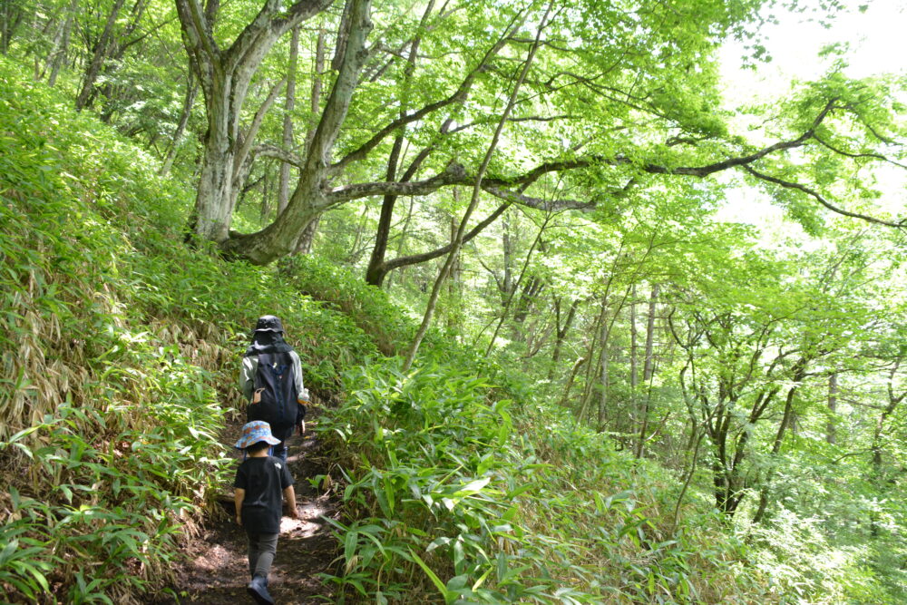 榛名富士の登山道を歩く親子