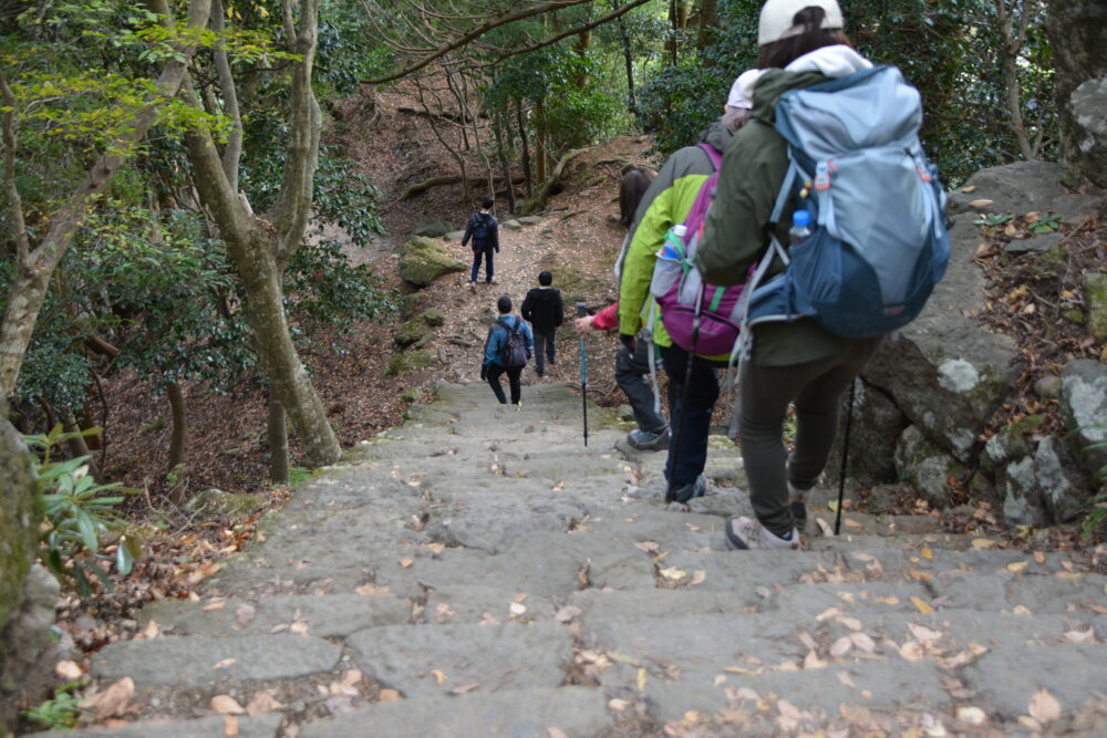 丹沢・大山の男坂を下る人々