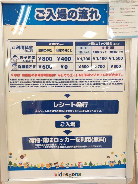 キッズーナ大宮店の料金表