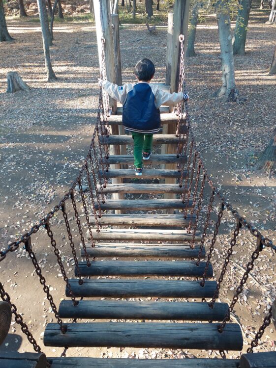 上尾平塚公園のフィールドアスレチック遊具の丸太吊橋