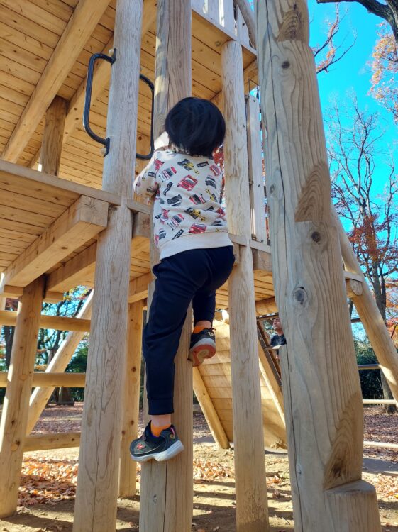 内牧公園・アスレチック広場のアスレチック遊具（三角トリデ）で遊ぶ子供