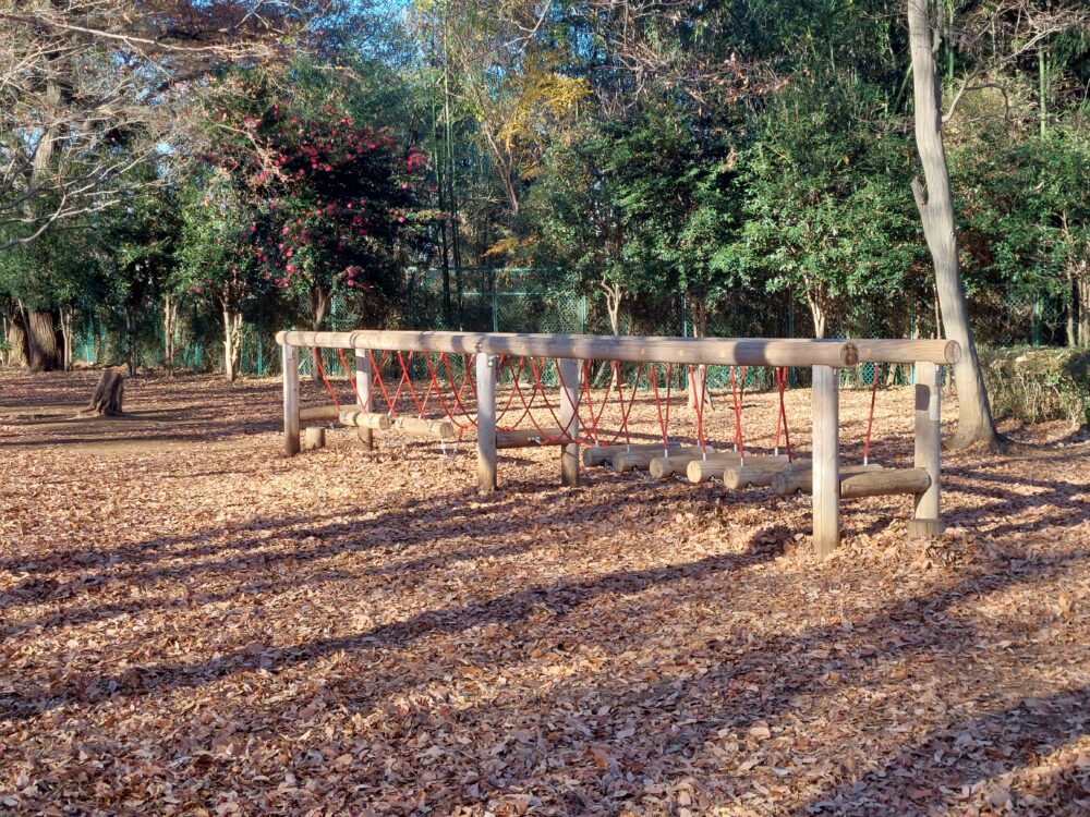 内牧公園・アスレチック広場のアスレチック遊具（丸太渡り）