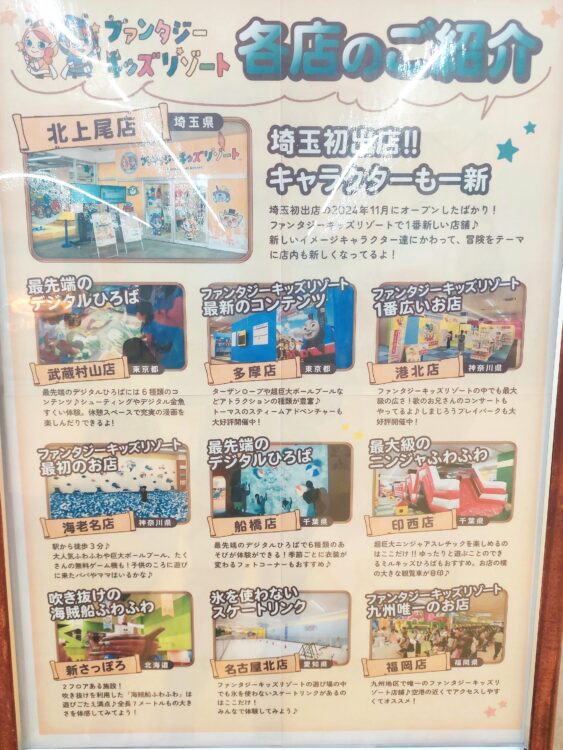 ファンタジーキッズリゾート北上尾店に貼ってあった他の系列店舗の案内