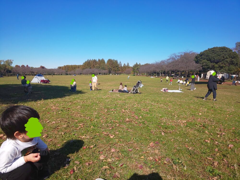 休日の三郷公園の自由広場でピクニックをする人たち