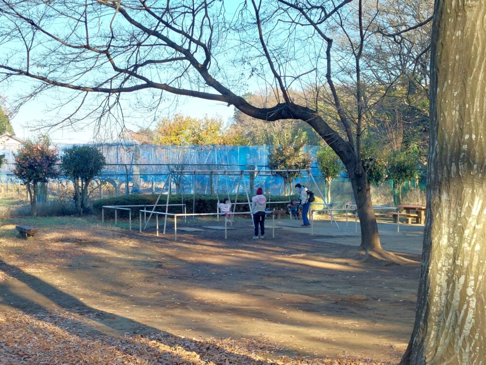 内牧公園・アスレチック広場のブランコで遊ぶ人たち