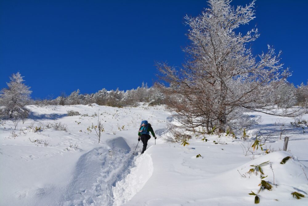 湯ノ丸山の青空と登山道wお登登山者