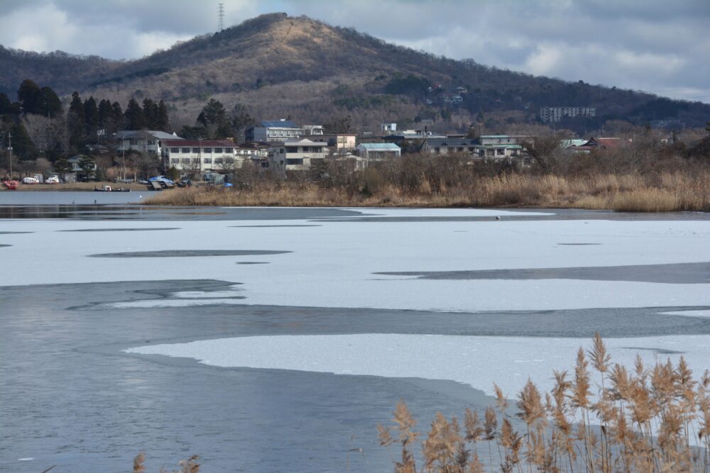 一部結氷した山中湖の湖面