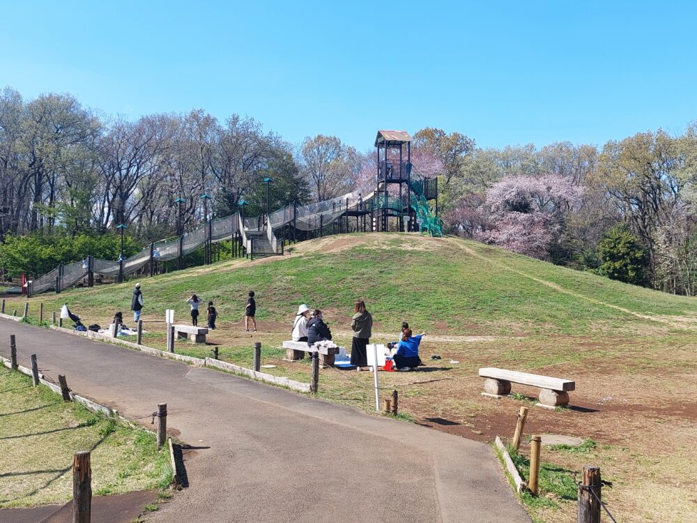 所沢カルチャーパークの複合遊具とベンチでまったりしてる人々