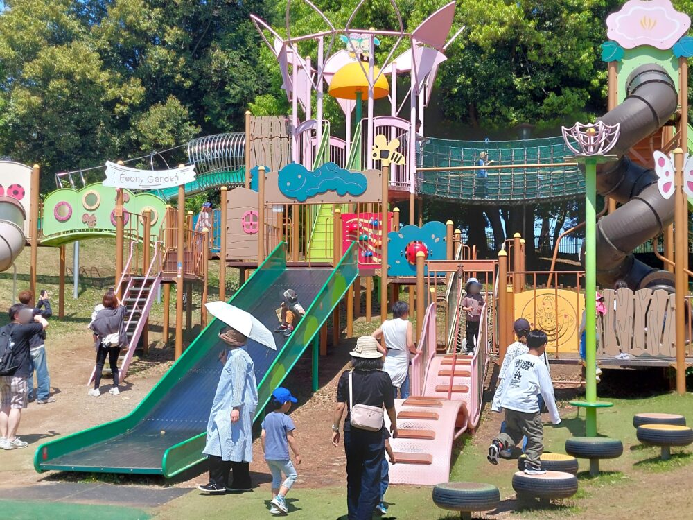 東松山ぼたん園の大型複合遊具で遊ぶ子供たち