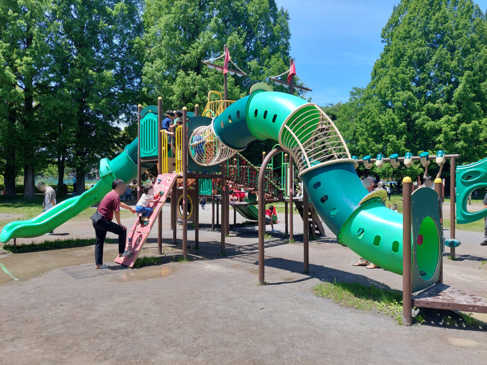三橋総合公園・トリム広場の船型複合遊具で遊ぶ子供たち