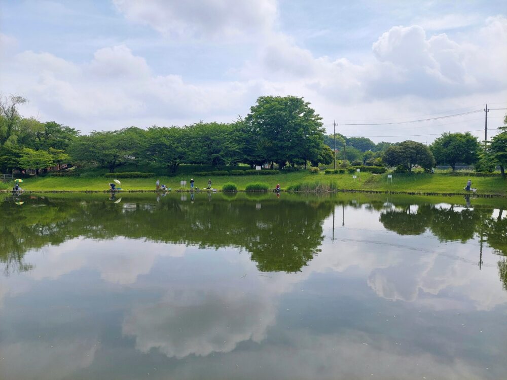 西城沼公園の釣り池(西城沼)で釣りをしている人たち