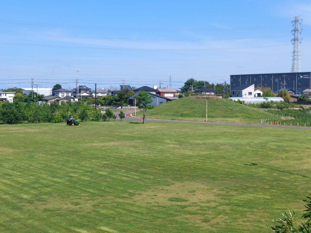 春日部夢の森公園・管理棟の屋上から見た芝生広場と築山
