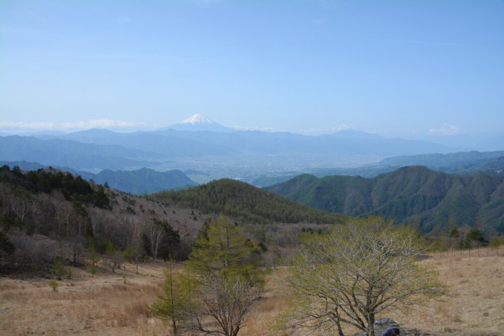 乾徳山の扇平から見る富士山と甲府盆地