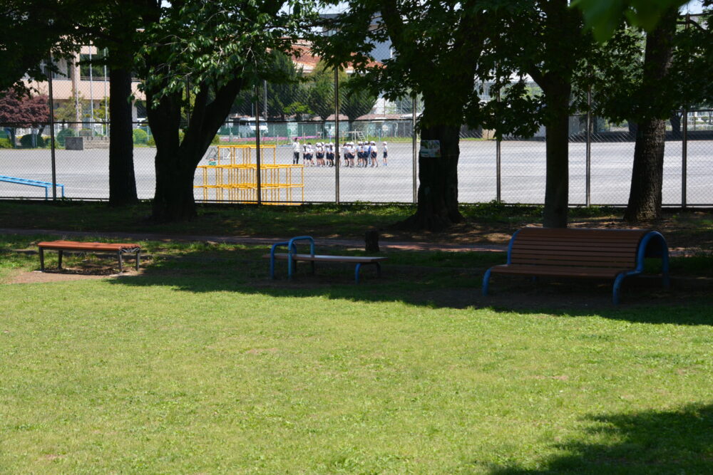 彩の森入間公園・多目的広場の健康遊具と隣接する小学校