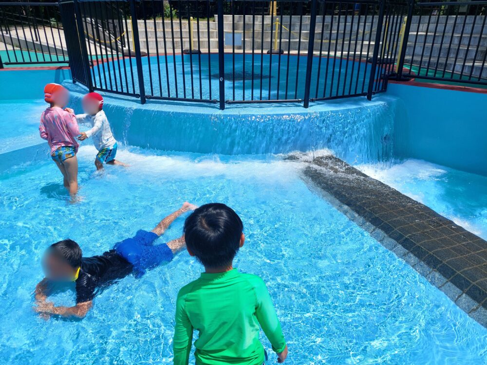 国営武蔵丘陵森林公園の水遊び場の上流で遊ぶ子供たち
