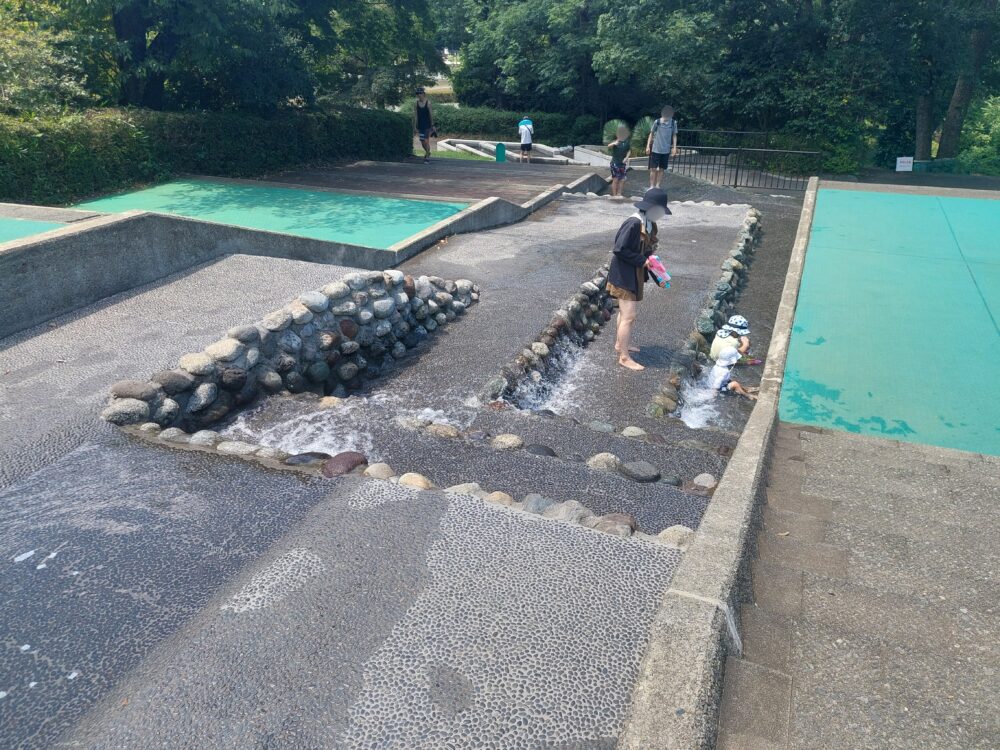 国営武蔵丘陵森林公園の水遊び場で遊ぶ親子