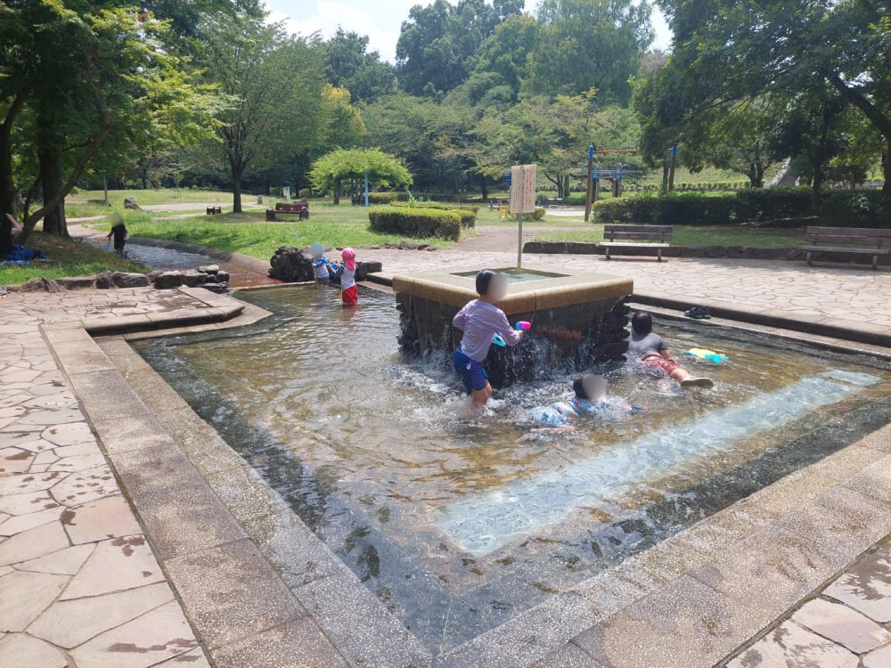 桶川・城山公園のじゃぶじゃぶ池で遊ぶ子供たち