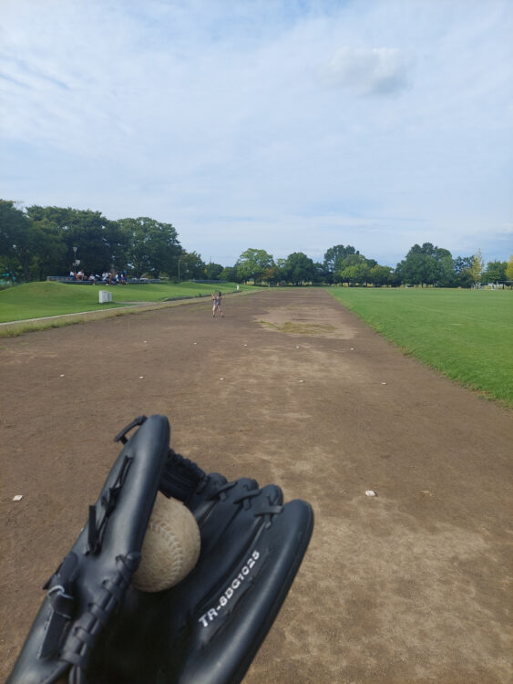 川島町の平成の森公園でキャッチボールをする親子