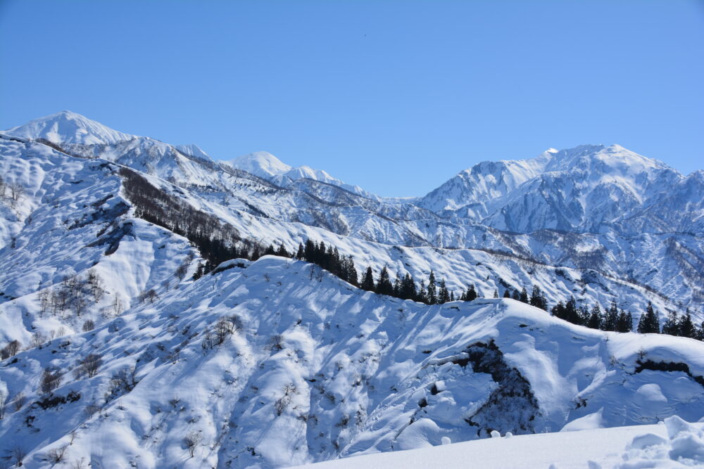 雪の大力山山頂から眺めた越後三山」