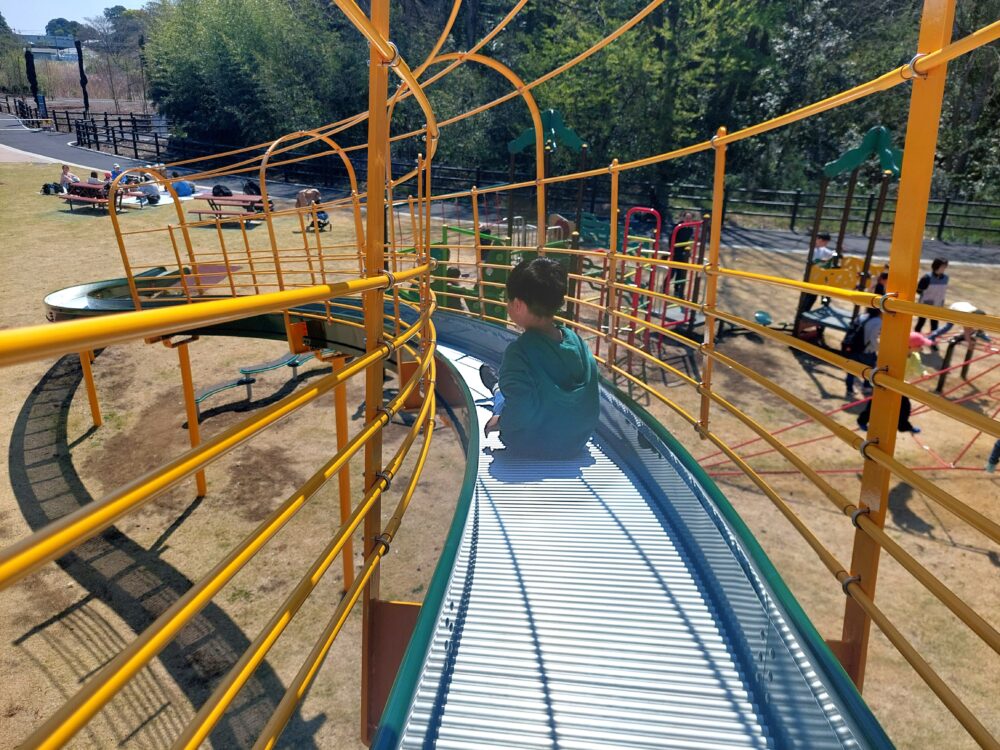 秋葉の森総合公園・アスレチック広場のローラスライダーを滑る子供