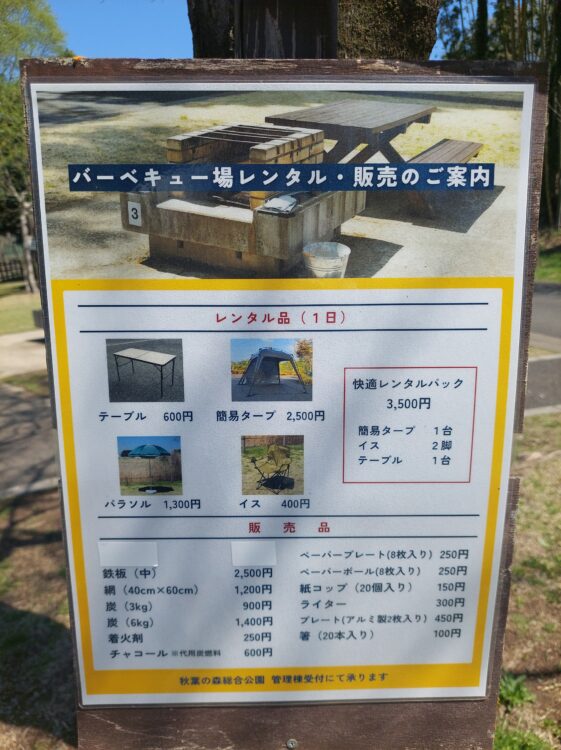 秋葉の森総合公園・バーベキュー広場のレンタル・販売表