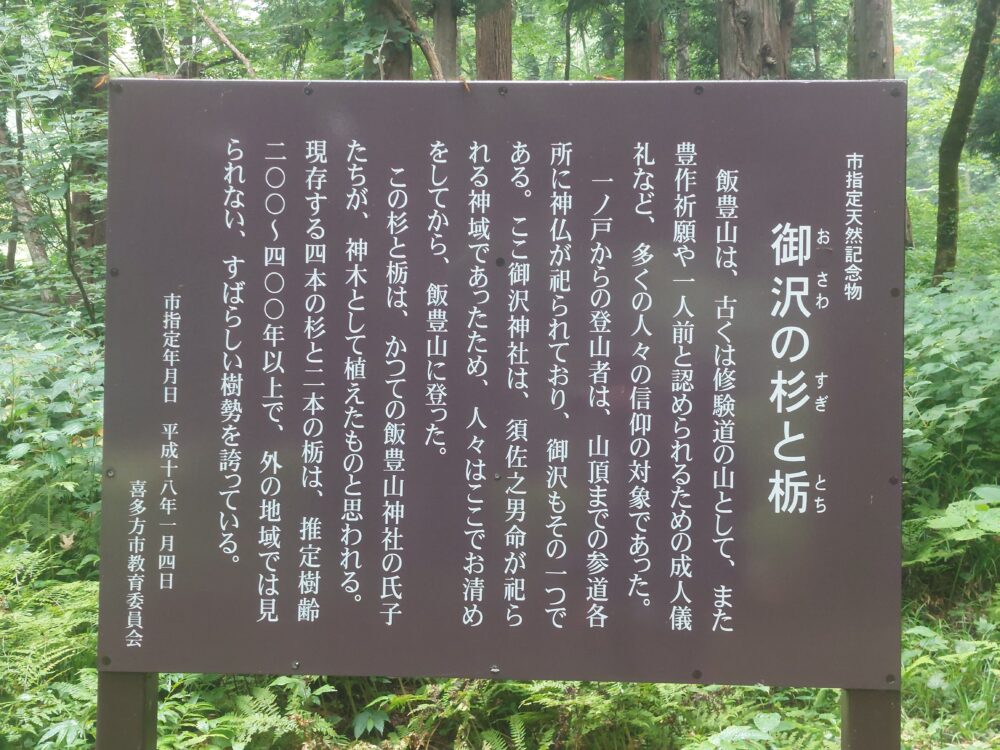 飯豊山の登山口にある御沢の杉と栃の案内書き