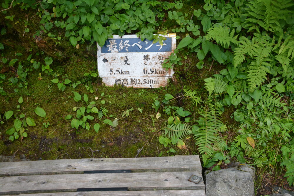 蝶ヶ岳の登山道にある最終ベンチ
