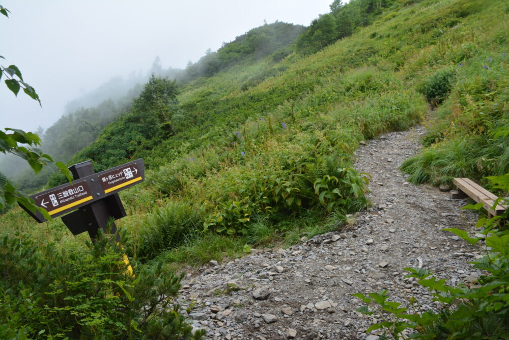 蝶ヶ岳の登山道にある大滝山との分岐