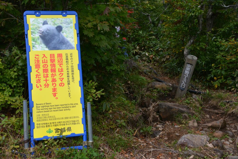 栗駒山の東栗駒コース入口にあるクマ出没注意看板