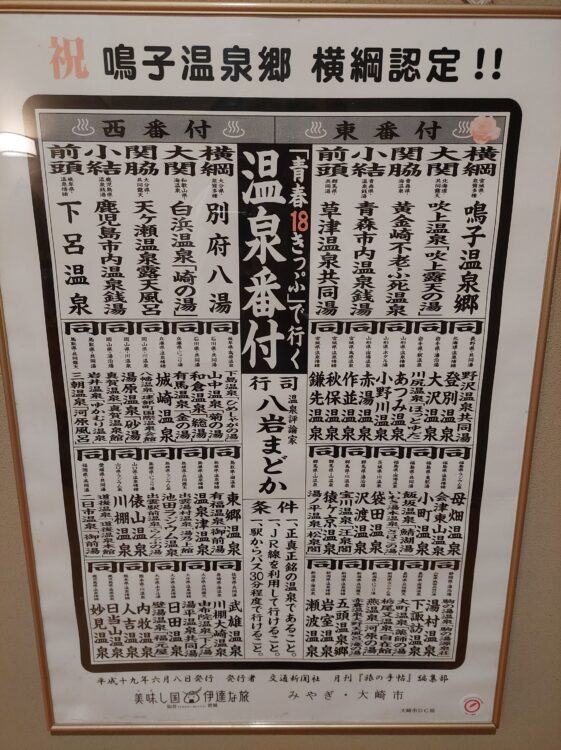 鳴子温泉郷 中山平温泉 うなぎ湯の宿 旬樹庵 琢ひでに貼ってあった温泉番付表