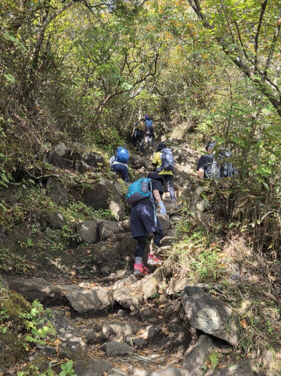金時山の登山道を登る登山者たち